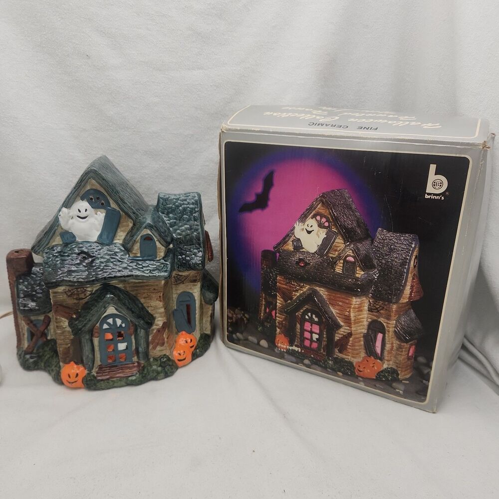 House Haunted Ghost Light Up Spooky Decor Brinn’s Vtg 1987 Halloween Ceramic Box